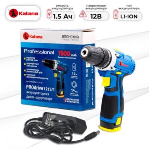 Дрель-шуруповерт аккумуляторный KATANA PROdrive 1215/1 в кор. (12В,1 акк,1,5 А/ч, Li-ion,2 ск, 19 Нм)